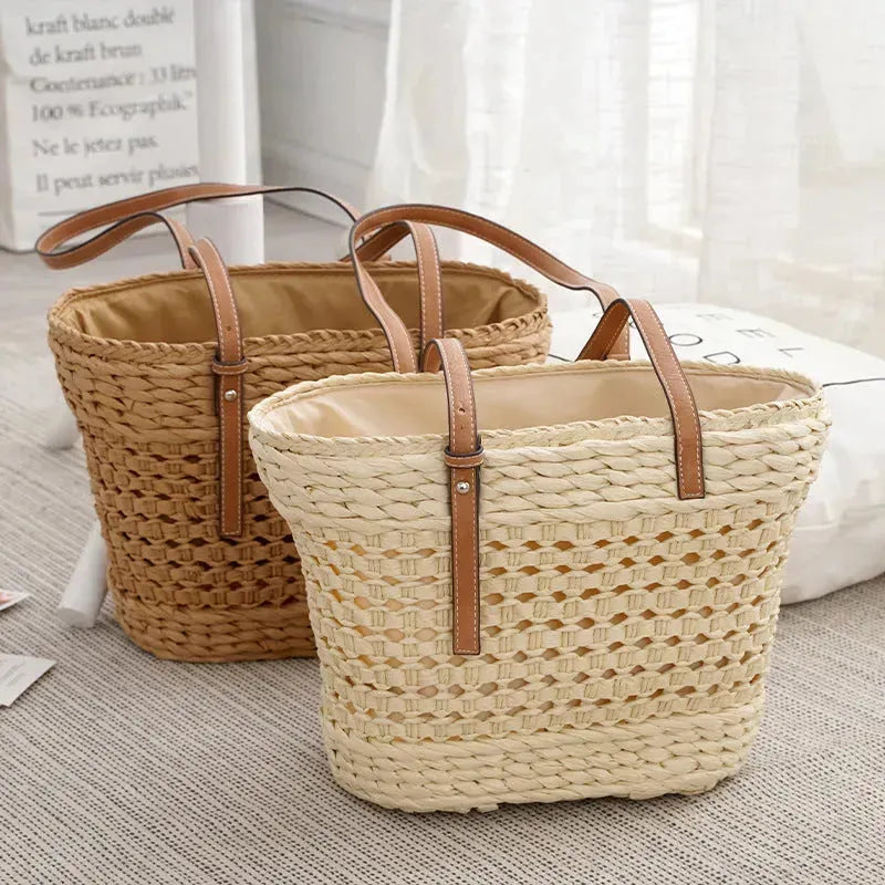 Large Capacity Fashion Urban Simple White Khaki Straw Braided shopper Beach Bag - EX-STOCK CANADA