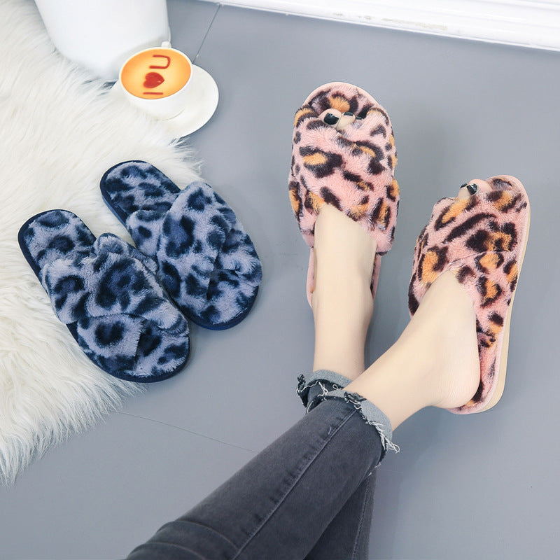 Cross-strap Fuzzy Slippers Leopard Plush House Shoes Flat Bedroom Slippers Slippers For Women EX-STOCK Canada