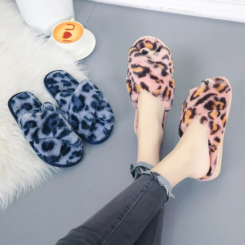 Cross-strap Fuzzy Slippers Leopard Plush House Shoes Flat Bedroom Slippers Slippers For Women EX-STOCK Canada