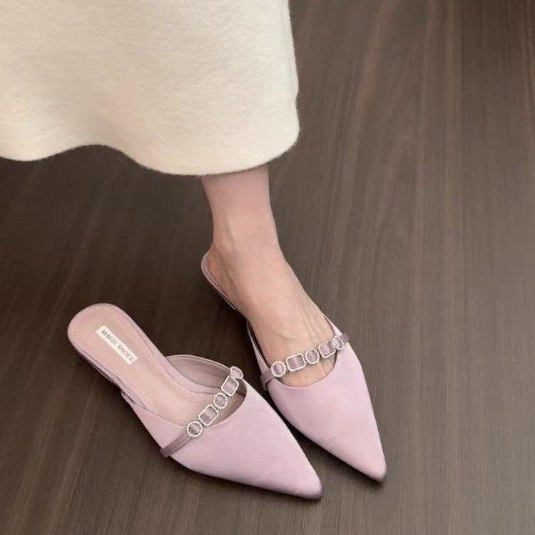 Women's French Style Satin Slide Sandals, Sparkling Rhinestone Embellished Pointed Toe Low Heel Slip-On Mules, 2025 Summer New Collection, High-end Outdoor Wear