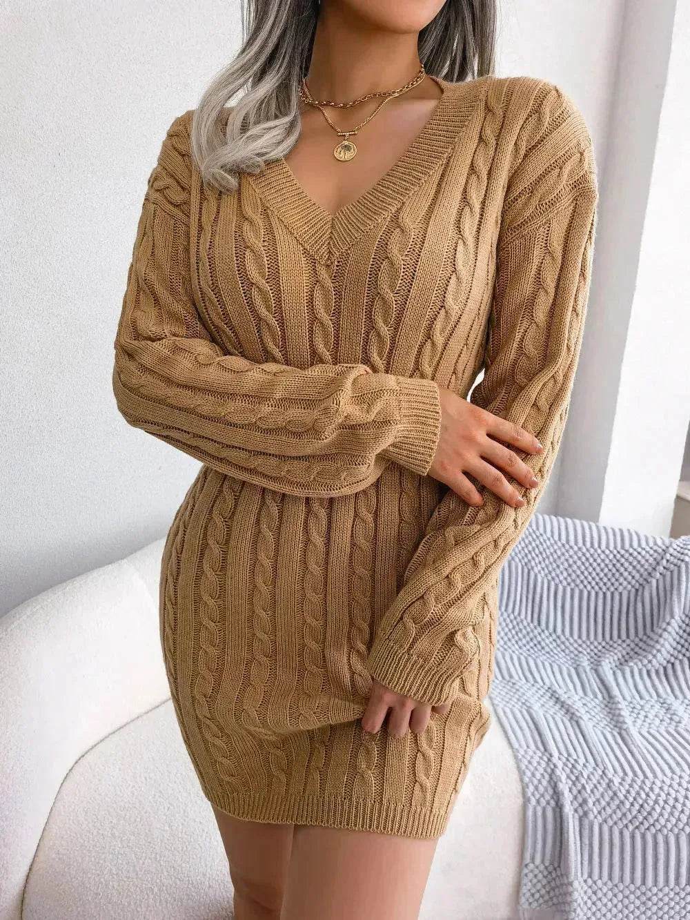 Solid Color V-Neck Long Sleeve Slim fit Winter Knit Mini sweater Dress Slim - EX-STOCK Canada