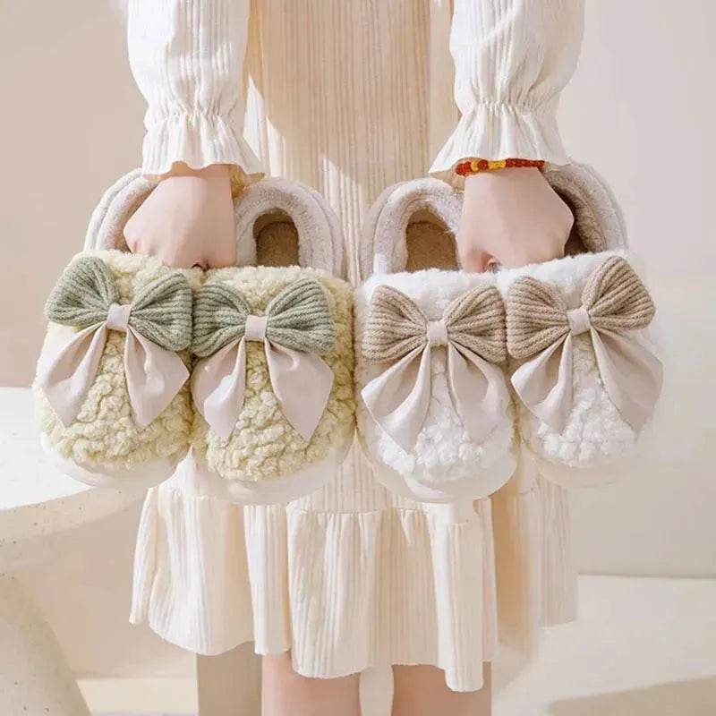 Big Bow-knot Fluffy Slippers Winter Warm Covered Heel Cotton Shoes Fashion Thick-soled Platform Slippers Indoor And Outdoor Garden Walking Shoes - EX-STOCK Canada