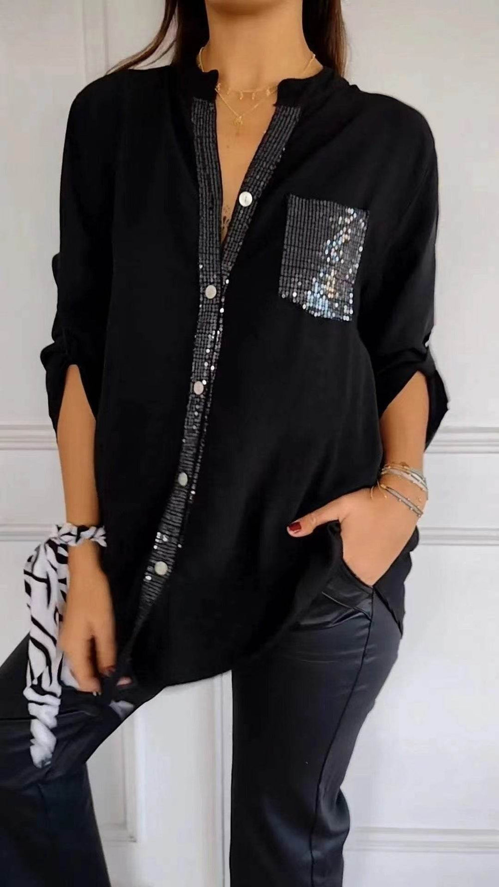 Casual Button-down Long Sleeve Shirt With Sequin Pocket Design Fashion Commuter Top Women Clothing - EX-STOCK Canada