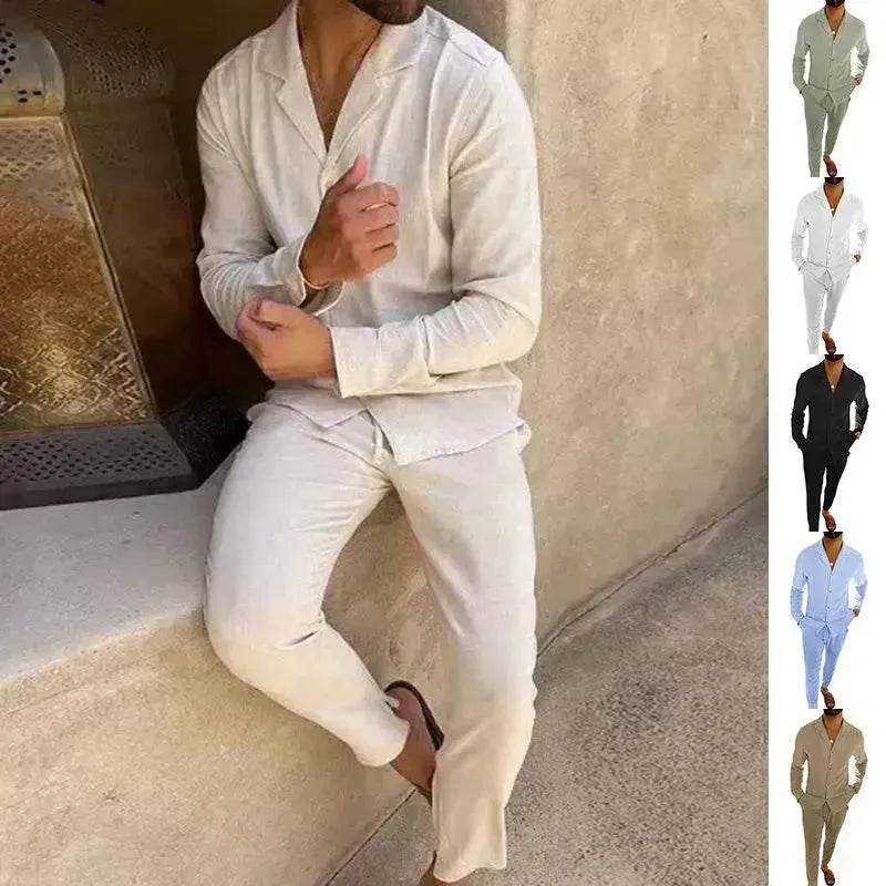 Casual Long-sleeved Suits Fashion Lapel Single-breasted Shirt Top And Slim-fit Trousers Men Clothing Two piece suit for Men - EX-STOCK Canada