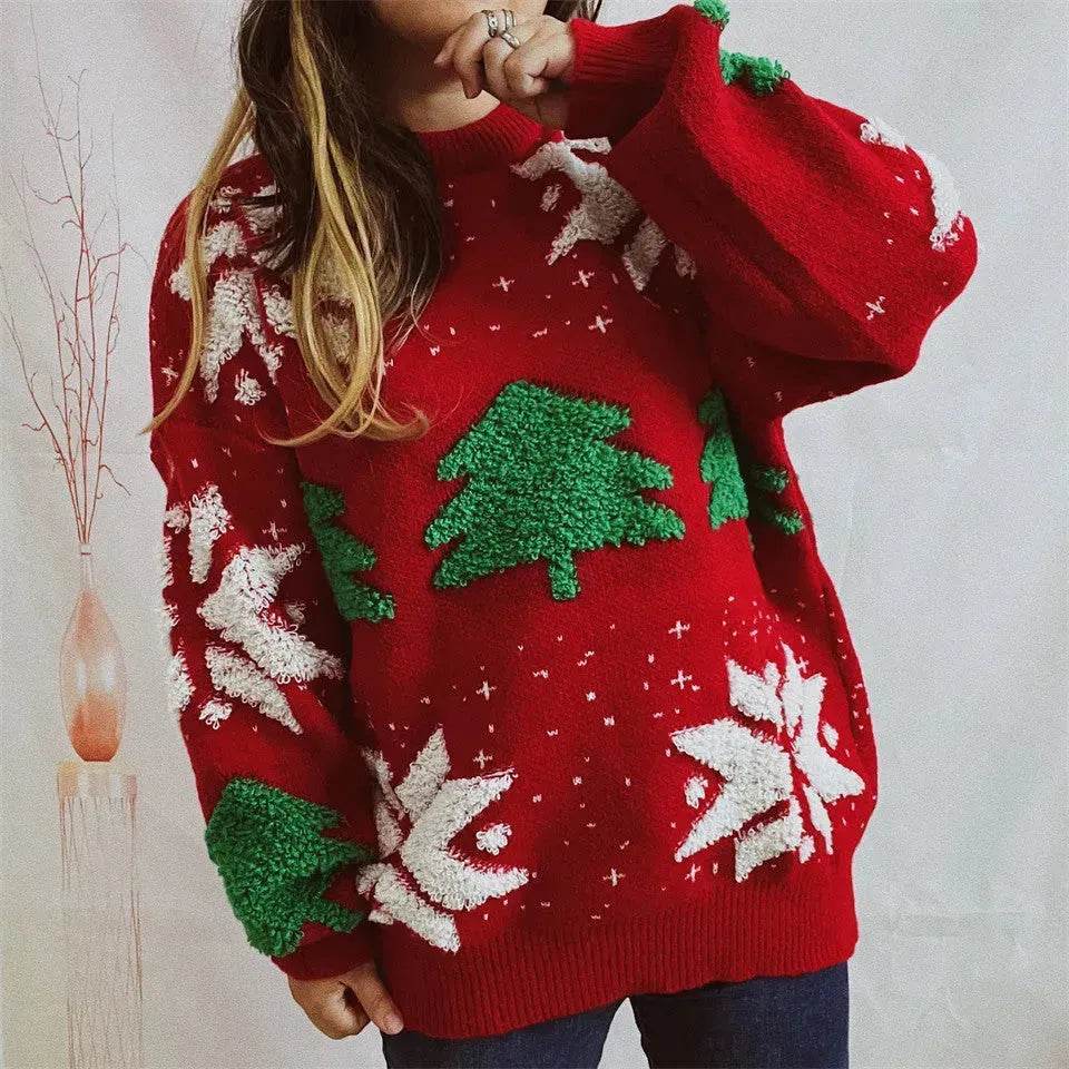 Women's Fashion Christmas Tree Jacquard Round Neck Long Sleeve Pullover Sweater top - EX-STOCK Canada