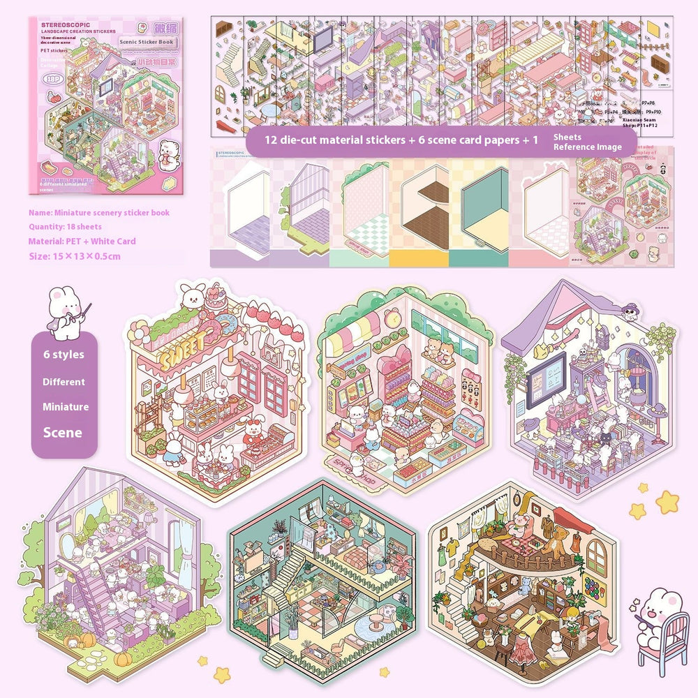Set of miniature scene stickers with detailed indoor settings and furniture.
