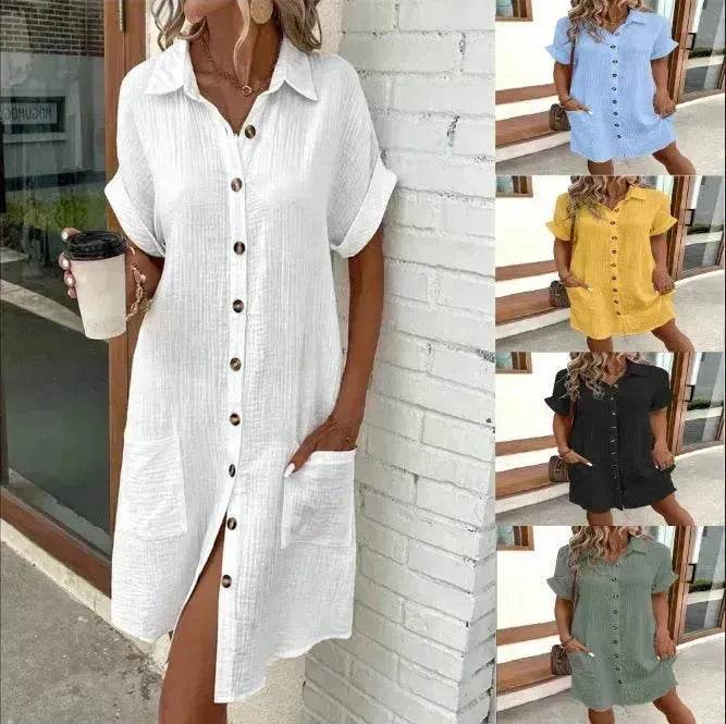 Womens Button Down Shirt Dress Summer Cotton Linen Dress V-Neck Mini Dress Casual Short Sleeve Loose Tunic Dresses - EX-STOCK Canada