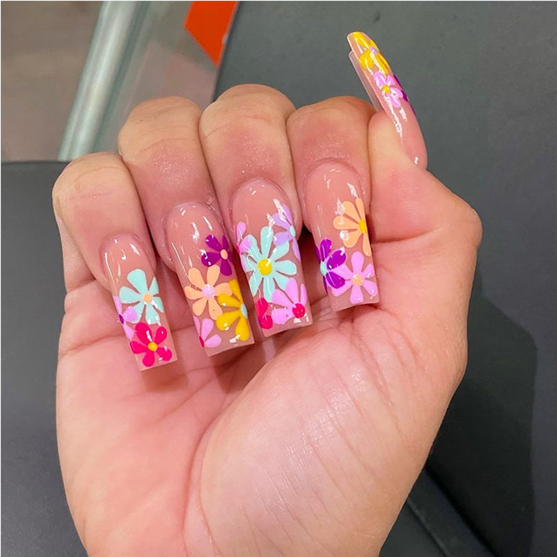 24 PCS Long Flat Flowers Nail Art, Long Length Long Water Pipe Fake Nails,Square Head Nail Tips False Nail EX-STOCK Canada