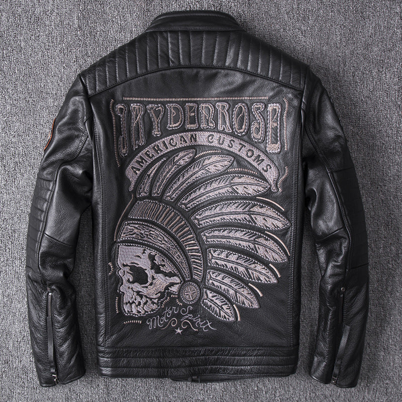 Black leather jacket with embroidered design on a gray background 2