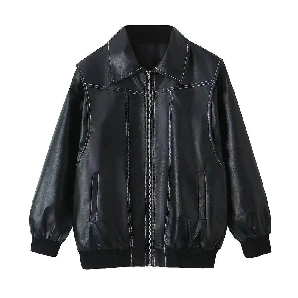 Oversized Fashion Zip-up Lapel Leather Jacket for women - EX-STOCK Canada