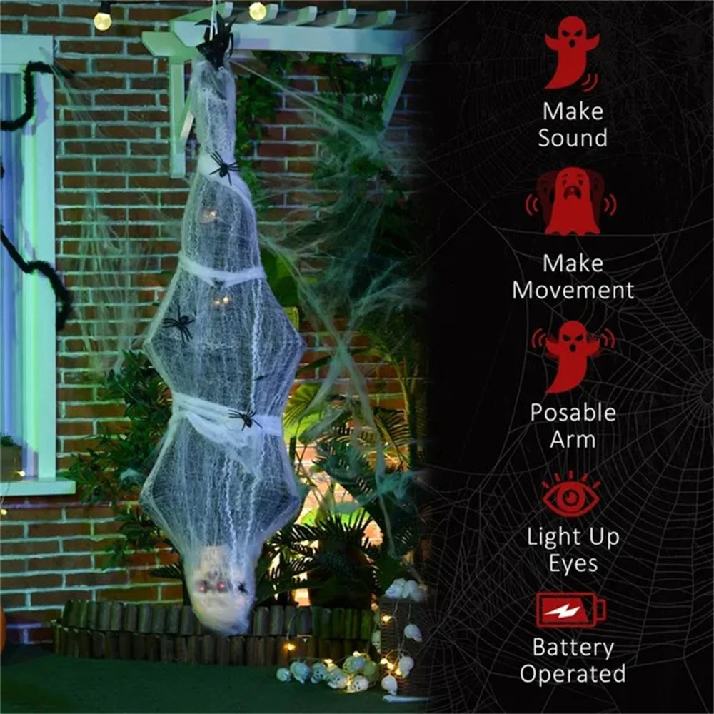 55.9 Inch4.7ft Life Size Outdoor Halloween Decoration Hanging Mummy With Spider Web, Animated Prop Decor With Sound And Motion Activated, Light Up Eyes, Creepy Sound EX-STOCK Canada