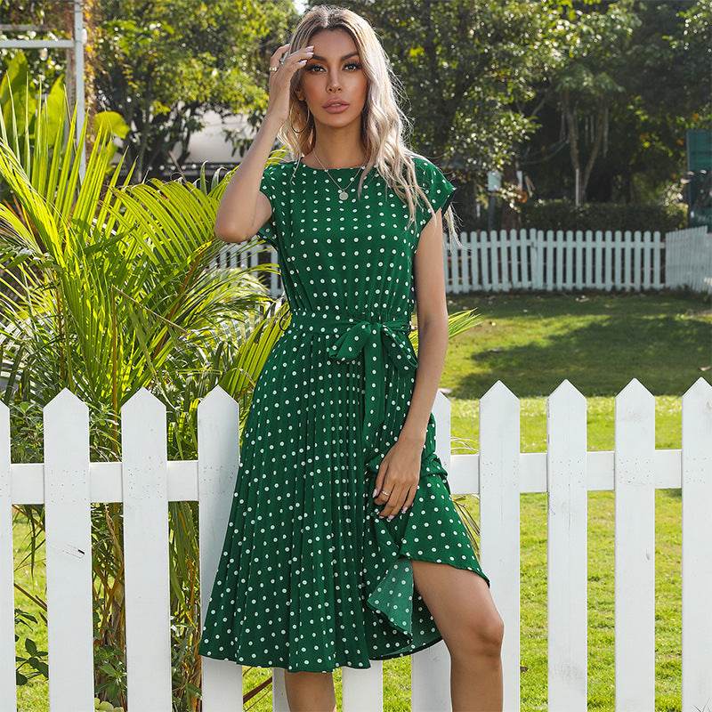 Summer Women Polka Dot Short Sleeve Dress Casual Pleated Midi Dresses Elegant Green Office Lady Clothing - EX-STOCK Canada