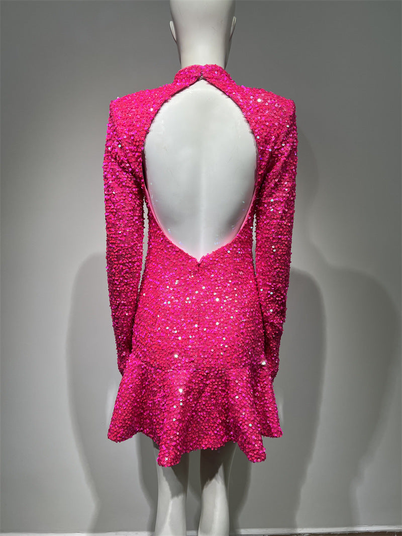 Women's Backless Rose Red Sequins Sweet Party Dinner Dress EX-STOCK Canada