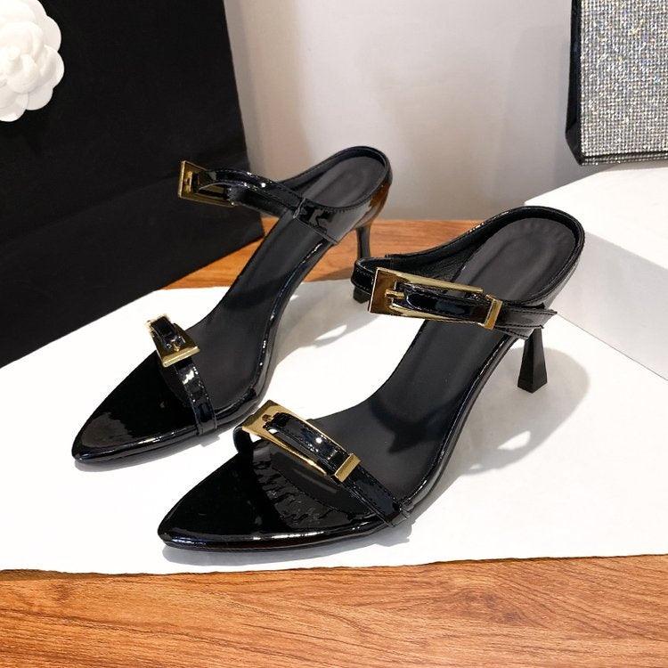 French Style Metal Buckle Pointed Toe Stiletto Sandals For Women