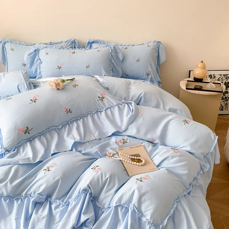 Embroidered Wide Edge Floral Duvet Cover Fitted Sheet EX-STOCK Canada