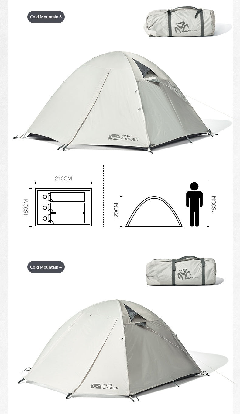 A camping tent shown in three views on a white background: a larger assembled view, a smaller assembled view with a duffel bag, and a technical dimension diagram with height and footprint measurements. The tent is light gray and white, with a visible tent brand logo on the front.