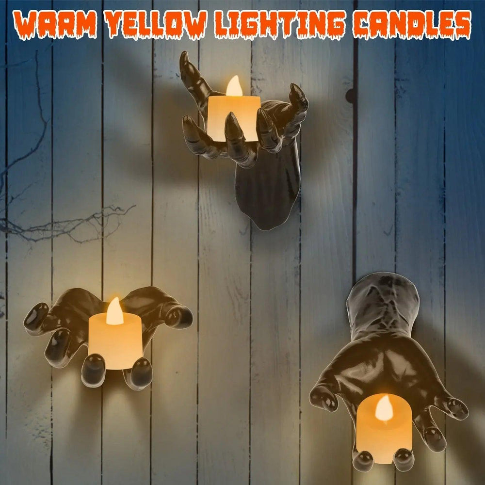 3Pcs Creepy Reaching Hands With Lighted Candles Wall Mounted Halloween Decoration Witch Devil Hand Aesthetic Goth Gothic Life Sized Horror Hands Hanging Sculpture - EX-STOCK Canada