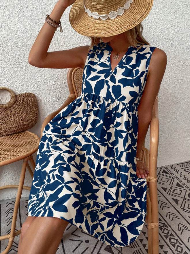 Bohemian Dresses Summer Beach Fashion Loose V-neck Pleated Print Sleeveless Dress For Women - EX-STOCK Canada