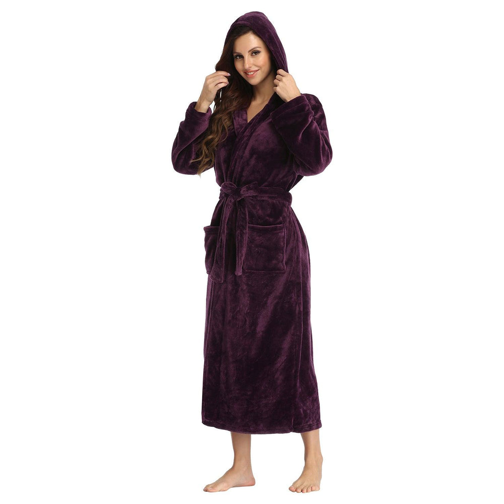 Peignoir long pour femmes RONGTAI en polaire douce, robe de nuit épaisse avec capuche et poches, vêtement de nuit moelleux pour hommesEX-STOCK Canada