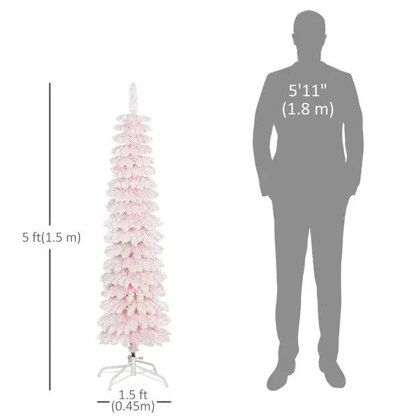 5ft Snow-Flocked Artificial Christmas Tree, Slim Pencil Xmas Tree With 301 Realistic Branches, Metal Base, EX-STOCK Canada
