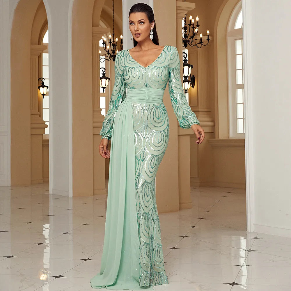 Long Sleeve Sexy Long Sequined V-neck Banquet Ribbon Evening Dress - EX-STOCK CANADA