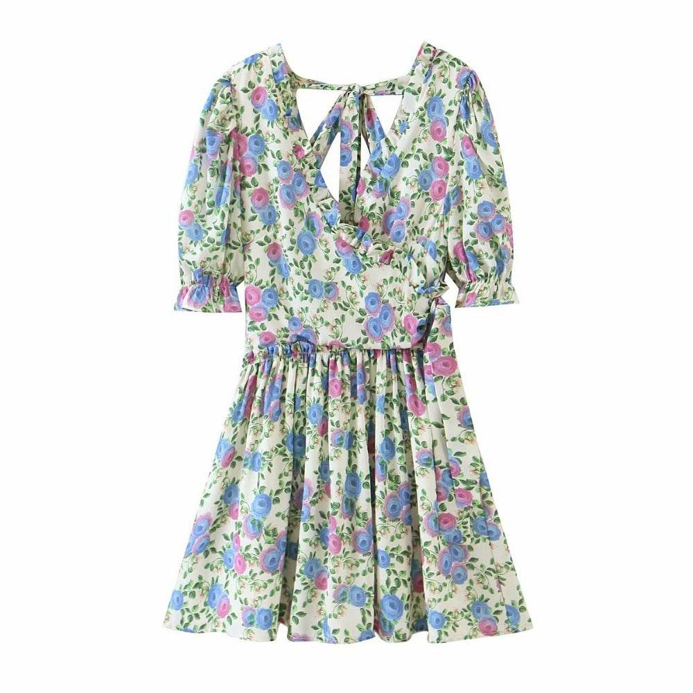 Women Summer Green Floral Chiffon Dresses Holiday Puff Short Sleeve V-Neck Back Lace Up Design Wrap One Piece Dress - EX-STOCK Canada