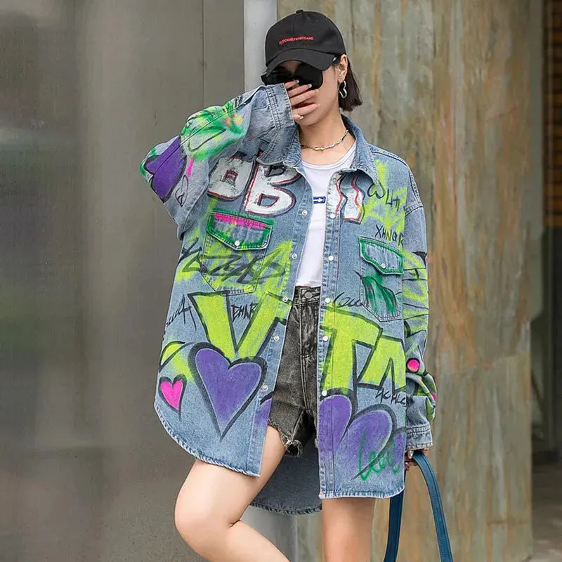 Oversized Graffiti Print Denim Jacket Women Loose Fried Street fashion - EX-STOCK CANADA