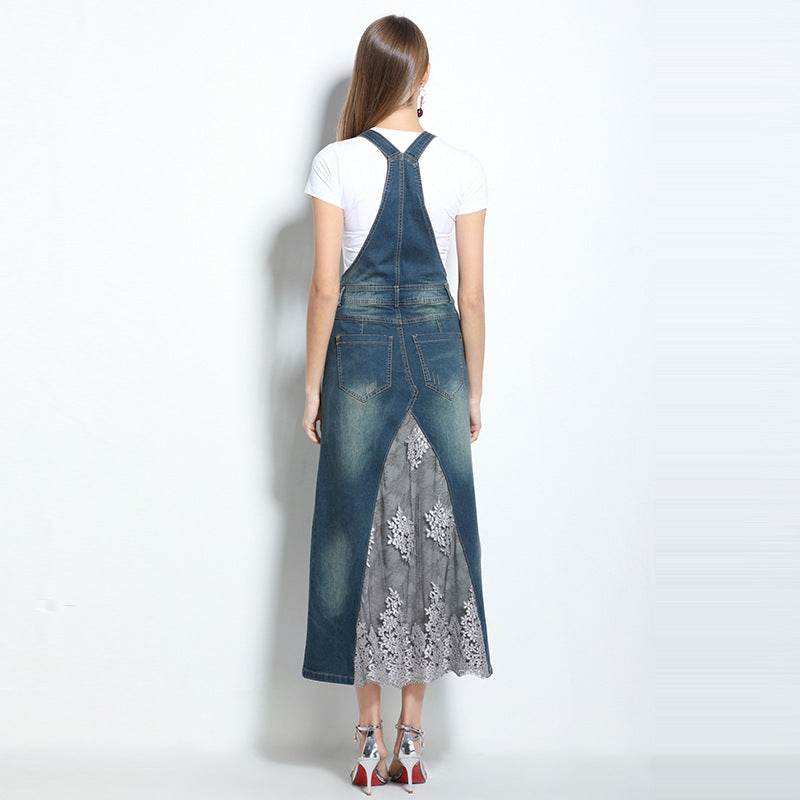 Embroidered Lace Denim Midi Jumper Dress European and American Style - EX-STOCK Canada