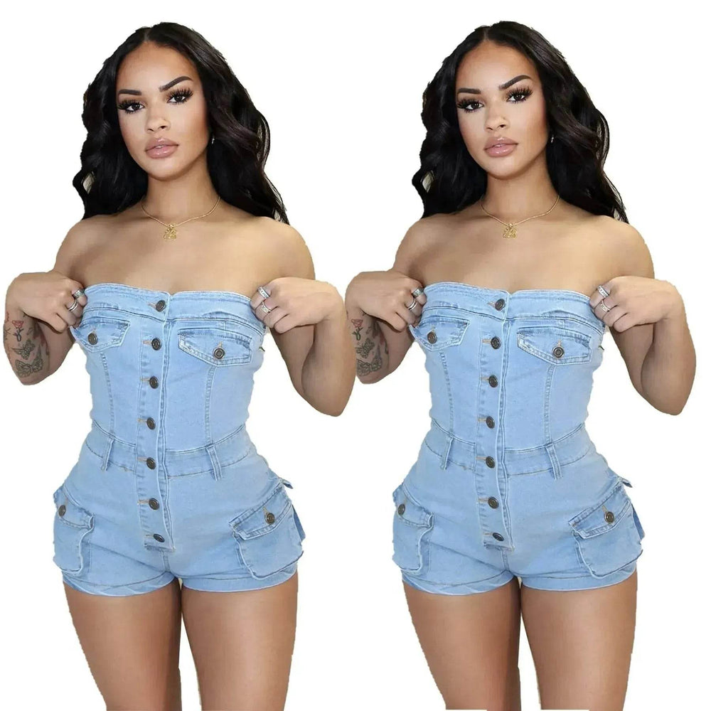 Strapless denim jumpsuit denim tube top jumpsuit Denim short Jumpsuit women Denim Short Rompers jean romper shortsjean jumpsuit shorts - EX-STOCK Canada