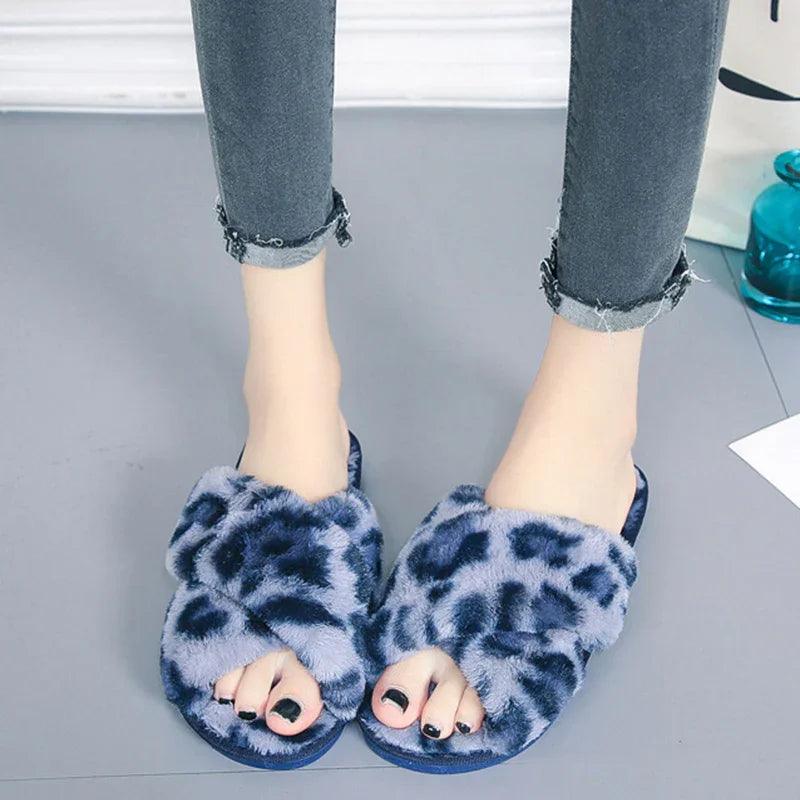 Cross-strap Fuzzy Slippers Leopard Plush House Shoes Flat Bedroom Slippers Slippers For Women EX-STOCK Canada