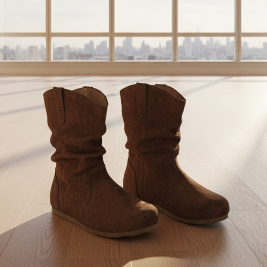 A pair of brown suede mid-calf boots with a slouchy, gathered design, displayed on a light wood floor in front of a large window with a city skyline view.