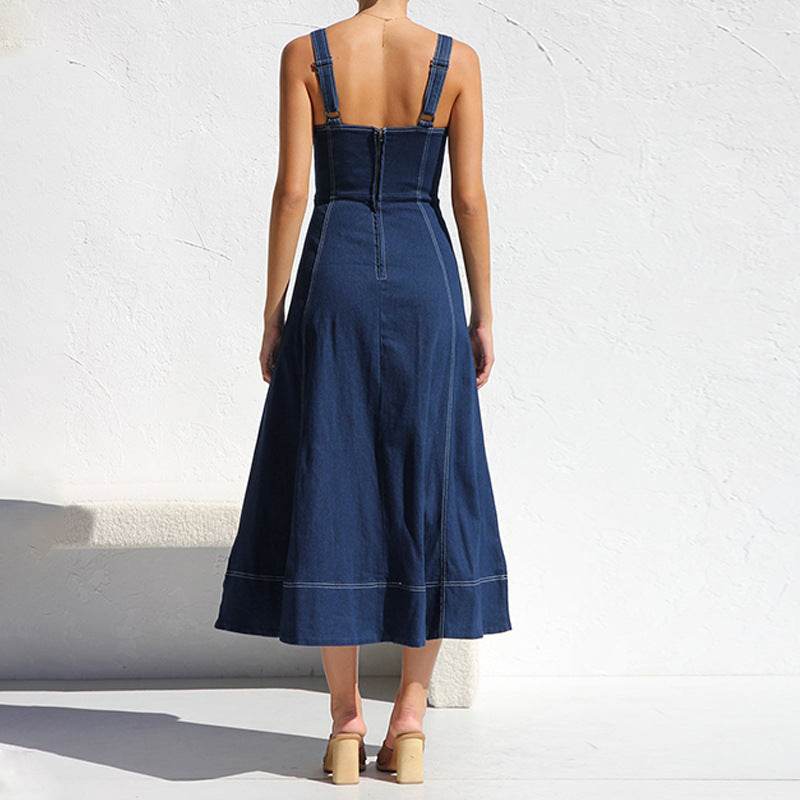 Women Sleeveless Sling Distressed Casual Style Button Denim Long Dress - EX-STOCK Canada