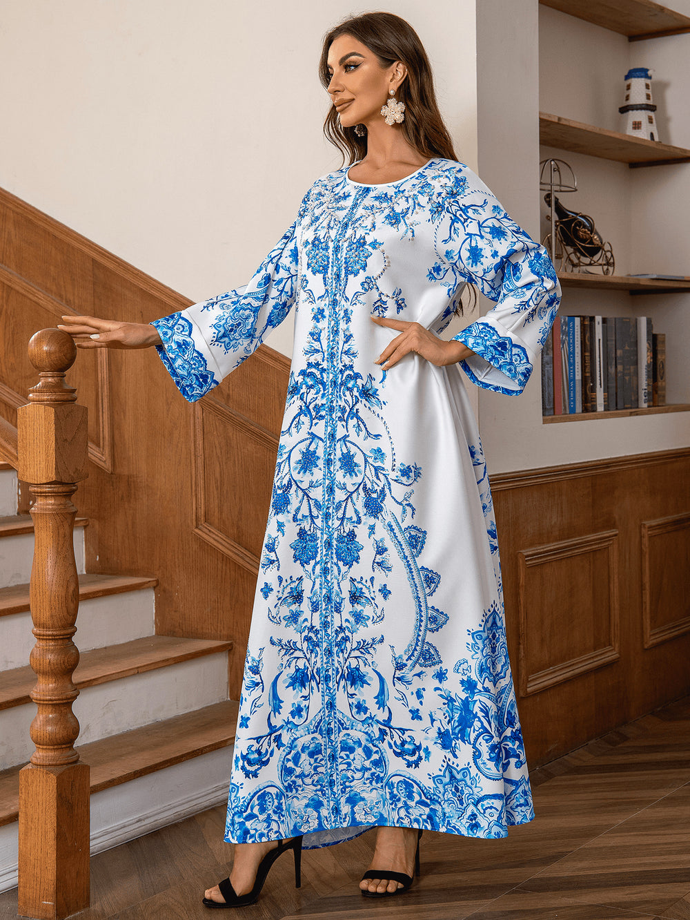 Muslim Robe Diamond Studded Bead Round Neck Dress - EX-STOCK Canada
