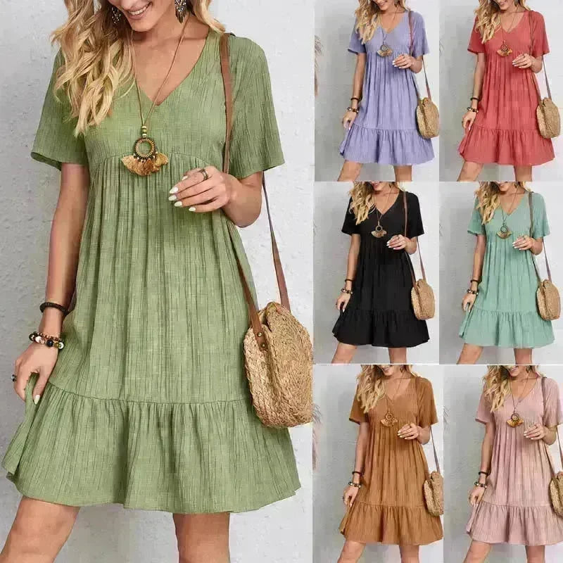 Summer Beach V-neck Dresses Women's Loose Casual Short-sleeved Loose Skater Dress for Chic Ladies - EX-STOCK CANADA