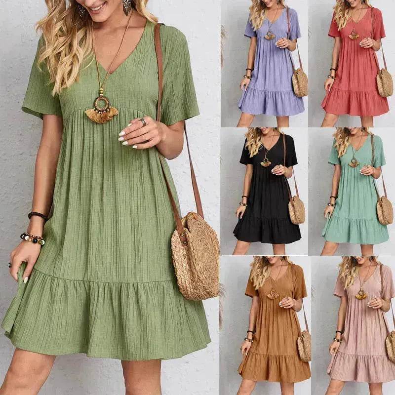 Summer Beach V-neck Dresses Women's Loose Casual Short-sleeved Loose Skater Dress for Chic Ladies - EX-STOCK Canada