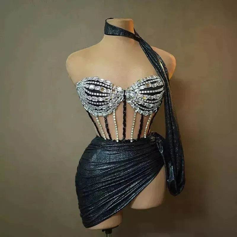 Strapless Tassle Corset dress Women's Tube Top Rhinestone Chain Skirt Outfit for Evening party Cocktail event - EX-STOCK Canada