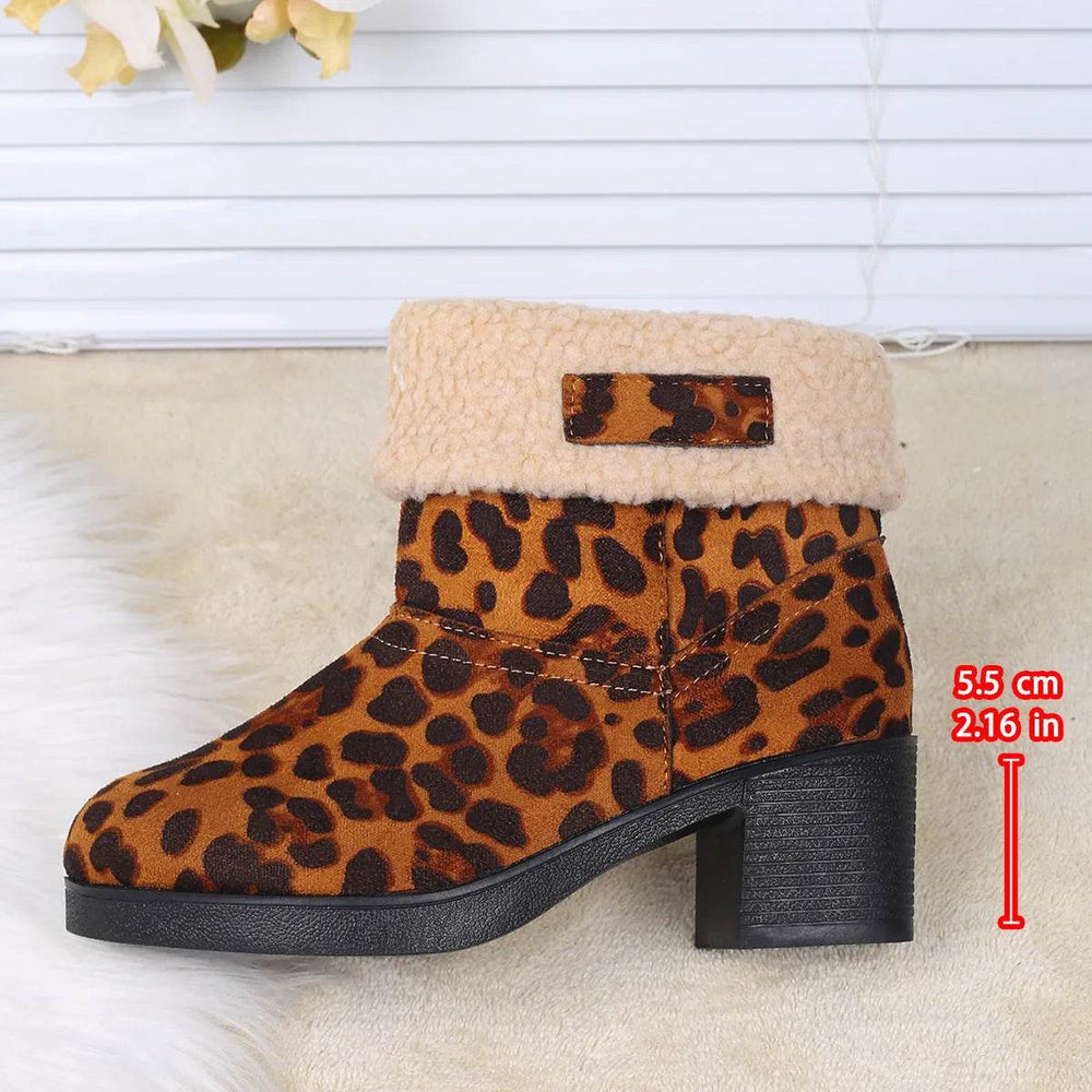 New Foldable Leopard Print Mid-calf Boots Winter Warm Fleece Thick Square Heels Boot For Women Fashion Round-toed Cotton Shoes - EX-STOCK Canada