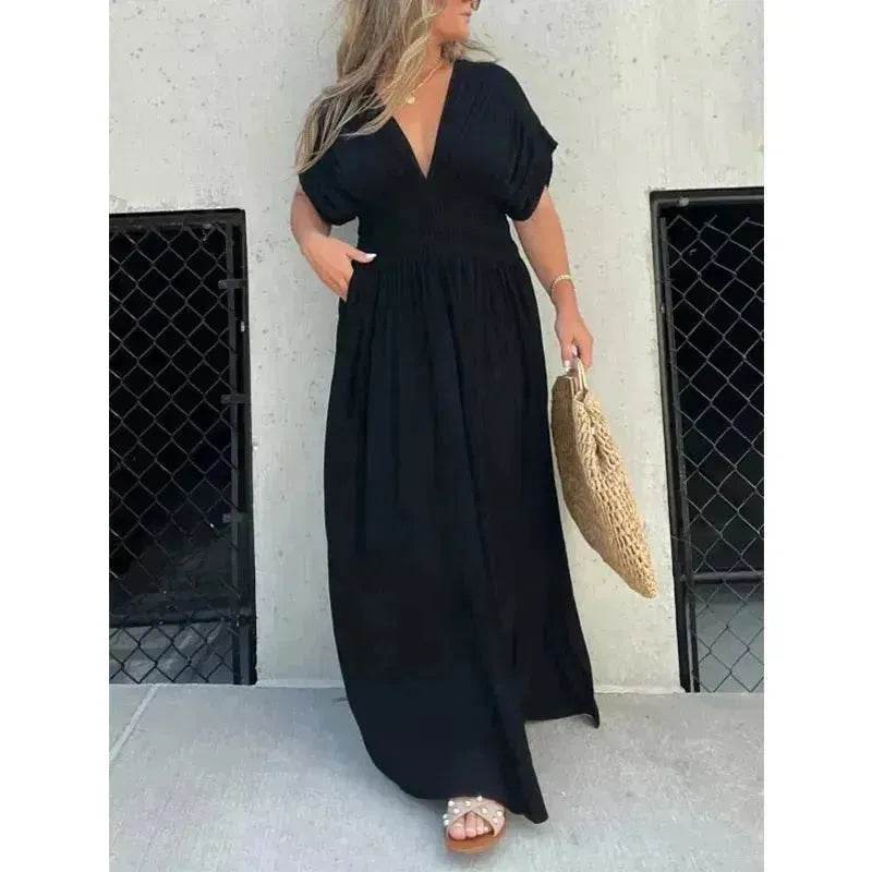 Fashion Bat-sleeved V-neck Slit Dress Summer Beach Short Sleeve Elastic Waist Split Long Dresses Womens Clothing - EX-STOCK Canada