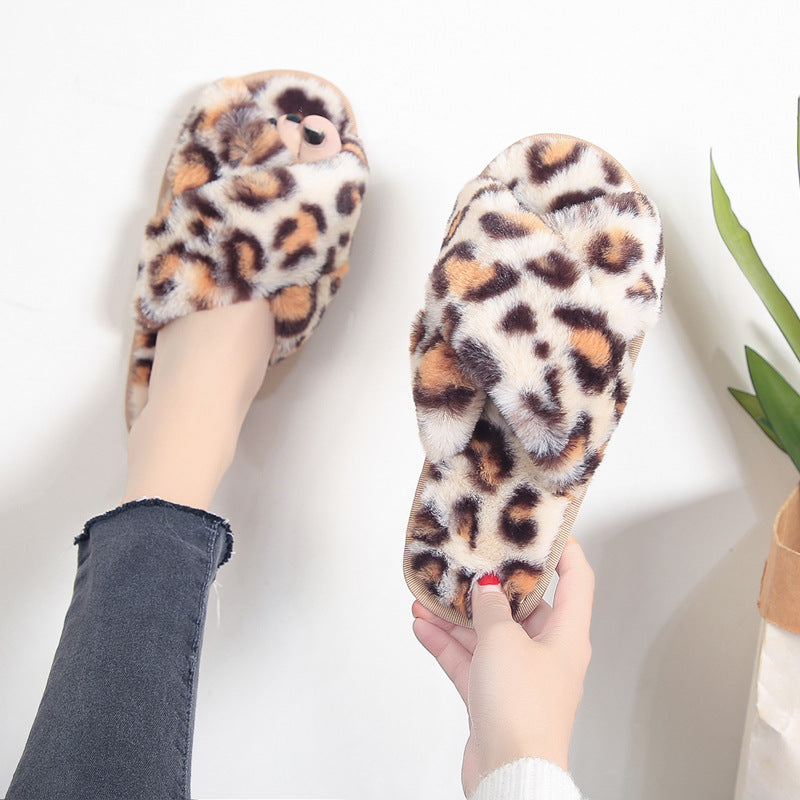 Cross-strap Fuzzy Slippers Leopard Plush House Shoes Flat Bedroom Slippers Slippers For Women EX-STOCK Canada