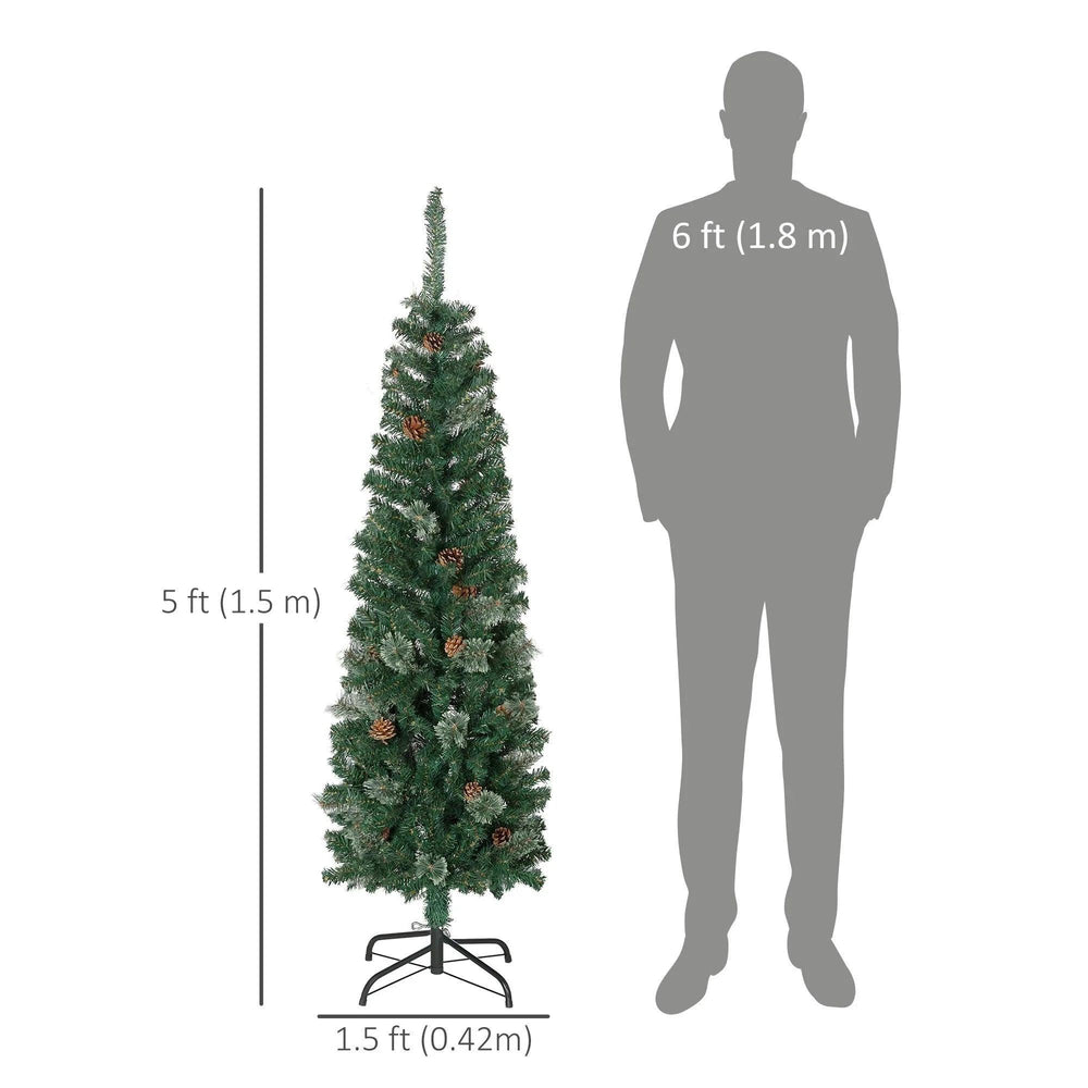 5ft Pencil Christmas Tree, Artificial Christmas With Pine Needles, Realistic Branches, Pine Cones, Metal Base, Green EX-STOCK Canada