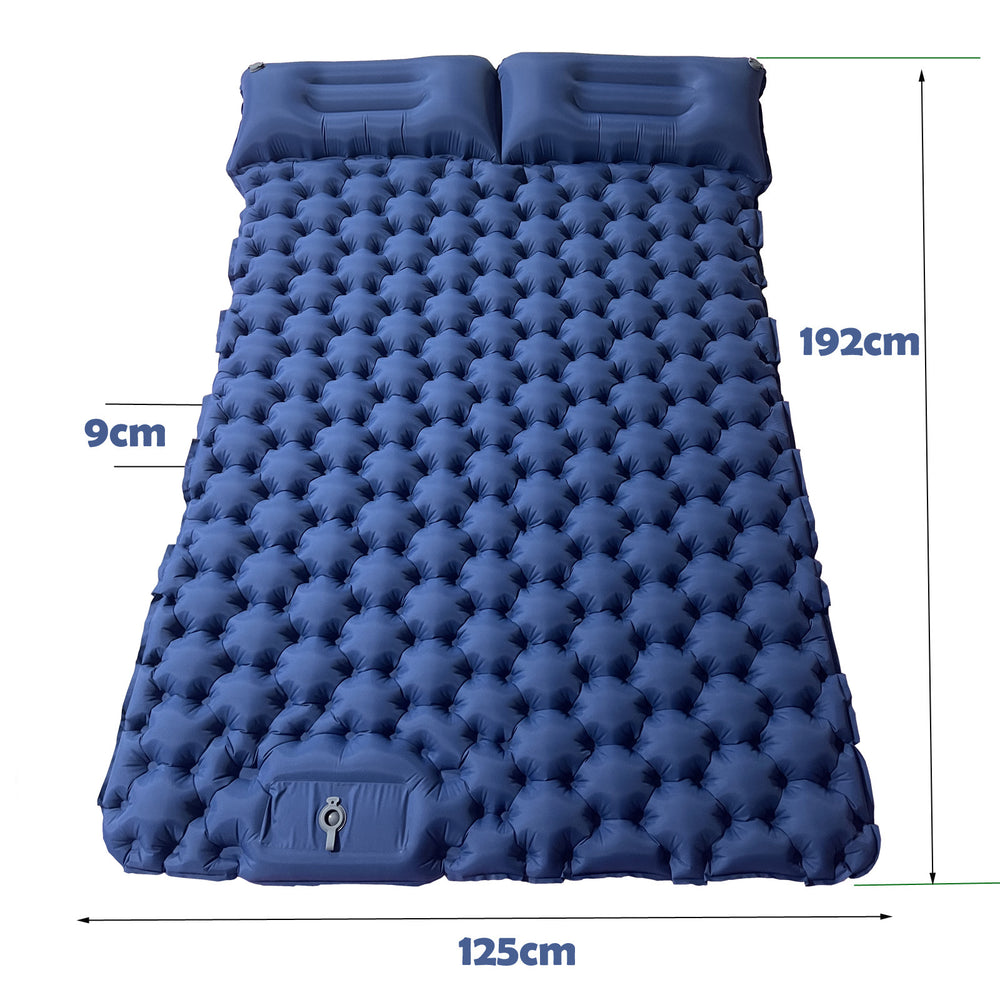 Blue inflatable camping mattress with dimensions on a white background