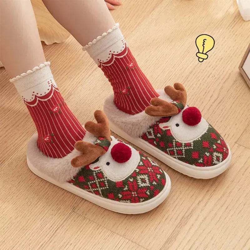 Cute Christmas Elk Plush Slippers Winter Ins Fashion Non-slip Floor Bedroom Home Slippers For Women Fuzzy House Shoes - EX-STOCK Canada
