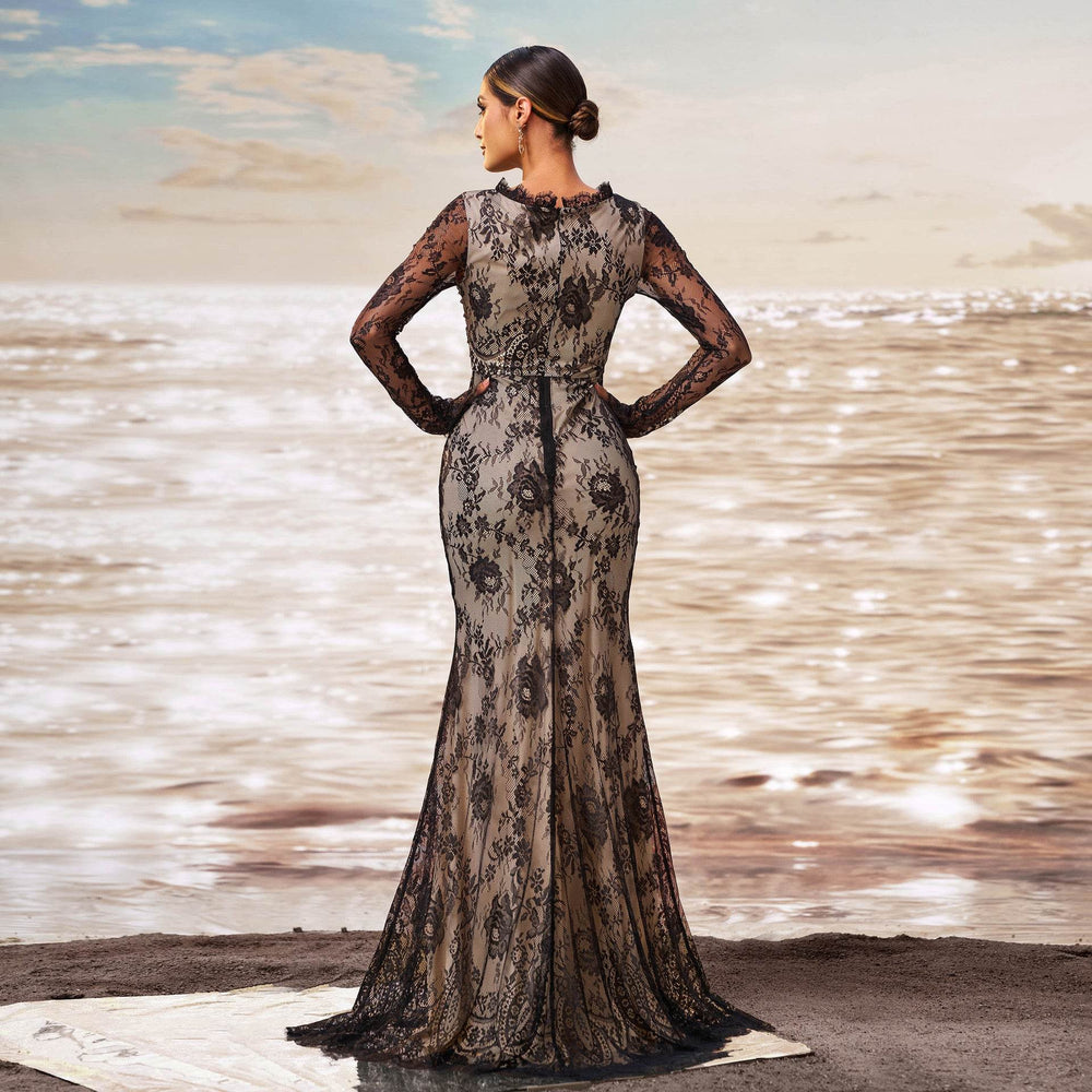 Elegant Long Sleeve Gauze Sheath Fishtail Evening Party Dress - EX-STOCK Canada