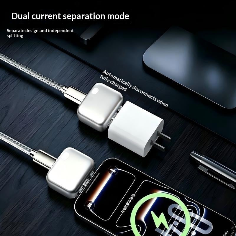 Dual current separation mode charging cable with smartphone on a dark surface