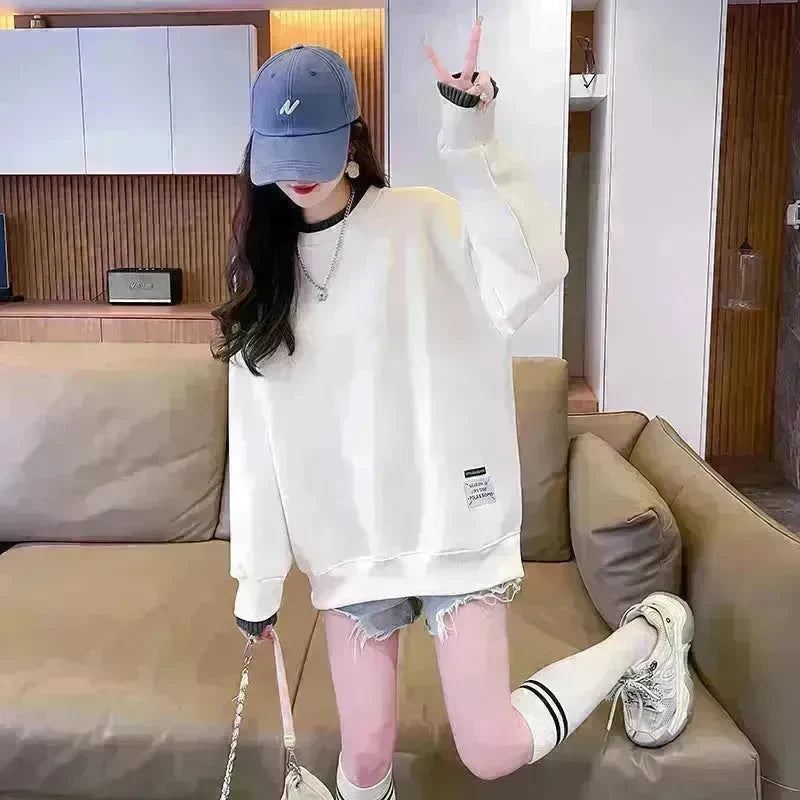 Women Round-neck With Fleece Lining Thick Fake Two Pieces Long Sleeve Loose Hoodie Sweatshirt - EX-STOCK CANADA