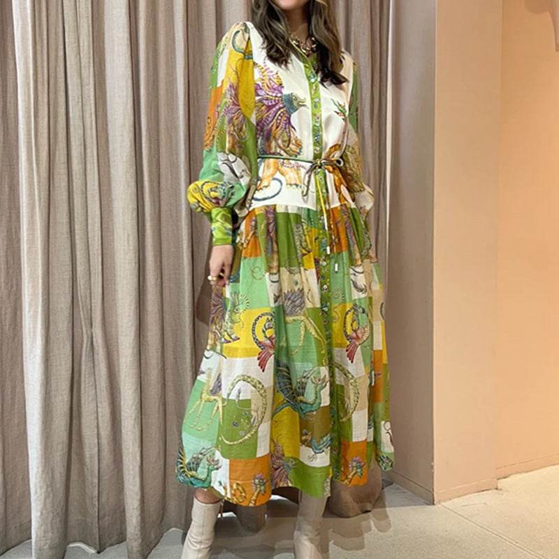 Print Holiday Women Beach Dress With Belts A-Line Long Lantern Sleeve Single Breasted Lapel Seaside Dresses Robe - EX-STOCK Canada