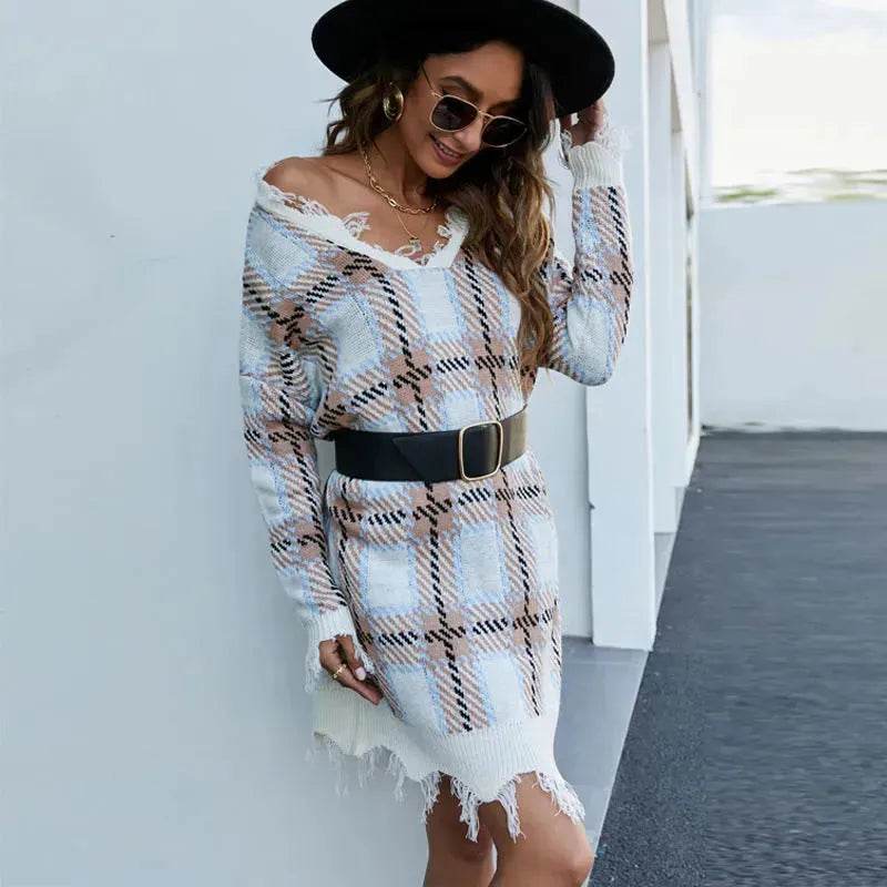 Off shoulder V-neck Pullover Knitted Mini Plaid Sweater Dress - EX-STOCK Canada