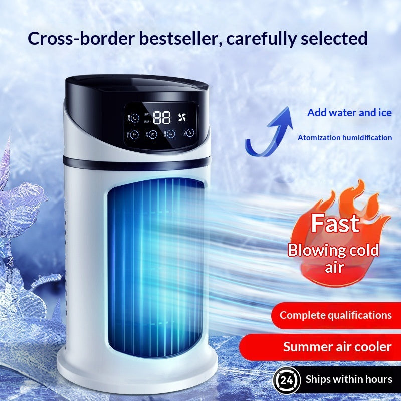 Air cooler with digital display on a blue water droplet background