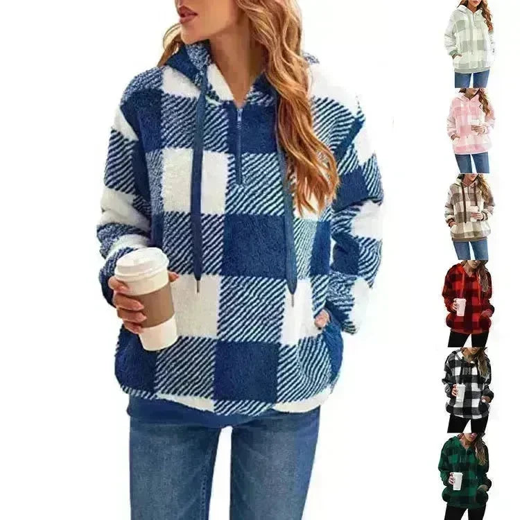 Casual Thick Fleece Plush half zip Plaid Hoodie Pullover top for women - EX-STOCK CANADA