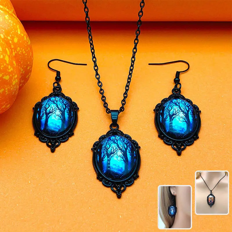 3pcs Vintage Halloween Tree Of Life And Witch Necklace Set With Earrings Alloy Pendant Jewelry - EX-STOCK Canada